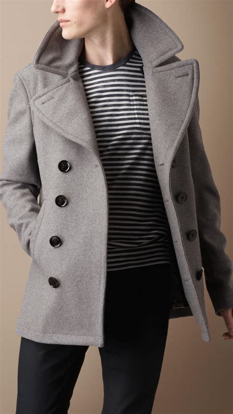 man's peacoat and burberry scarf|Wool Blend Pea Coat in Taupe melange .